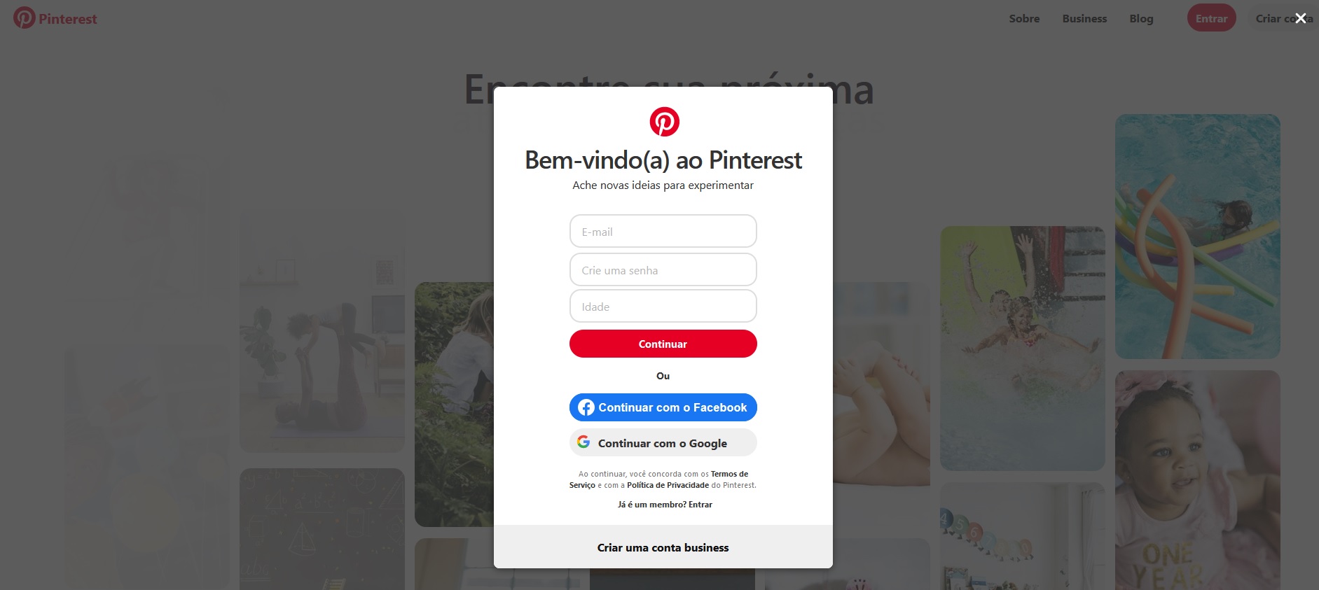 Iniciando com o Pinterest para aumentar seu tráfego aqui tela de log in