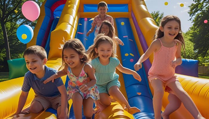 crianças brincando em um tobogã inflavel